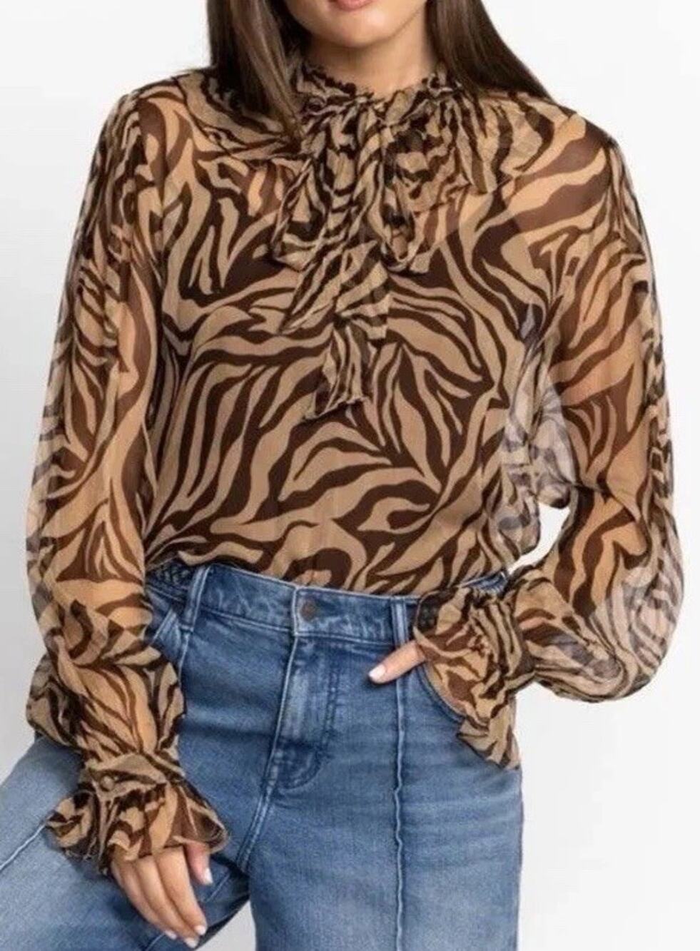 Johnny Was Golden Days Sheer Ruffle Tie Neck Animal Print Top *READ ALL* Sz M
